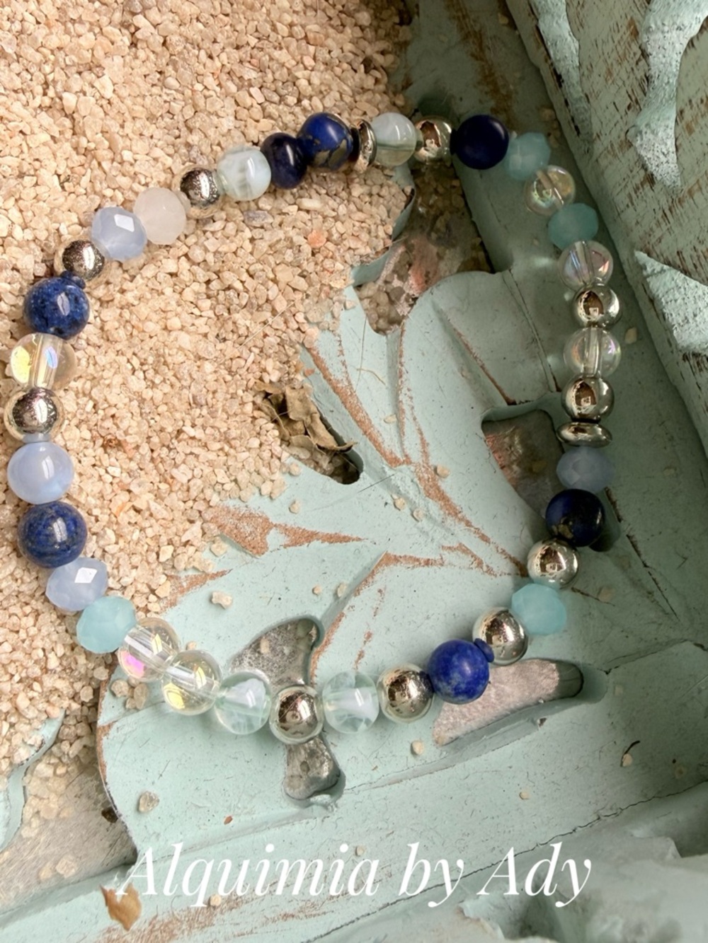 Multi-Blue gemstones and aura quartz & Silver Beaded Stretch Bracelet
